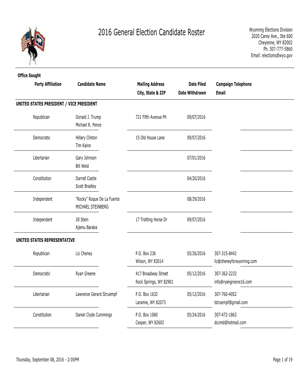 2016 General Election Candidate Roster 2020 Carey Ave., Ste 600 Cheyenne, WY 82002 Ph