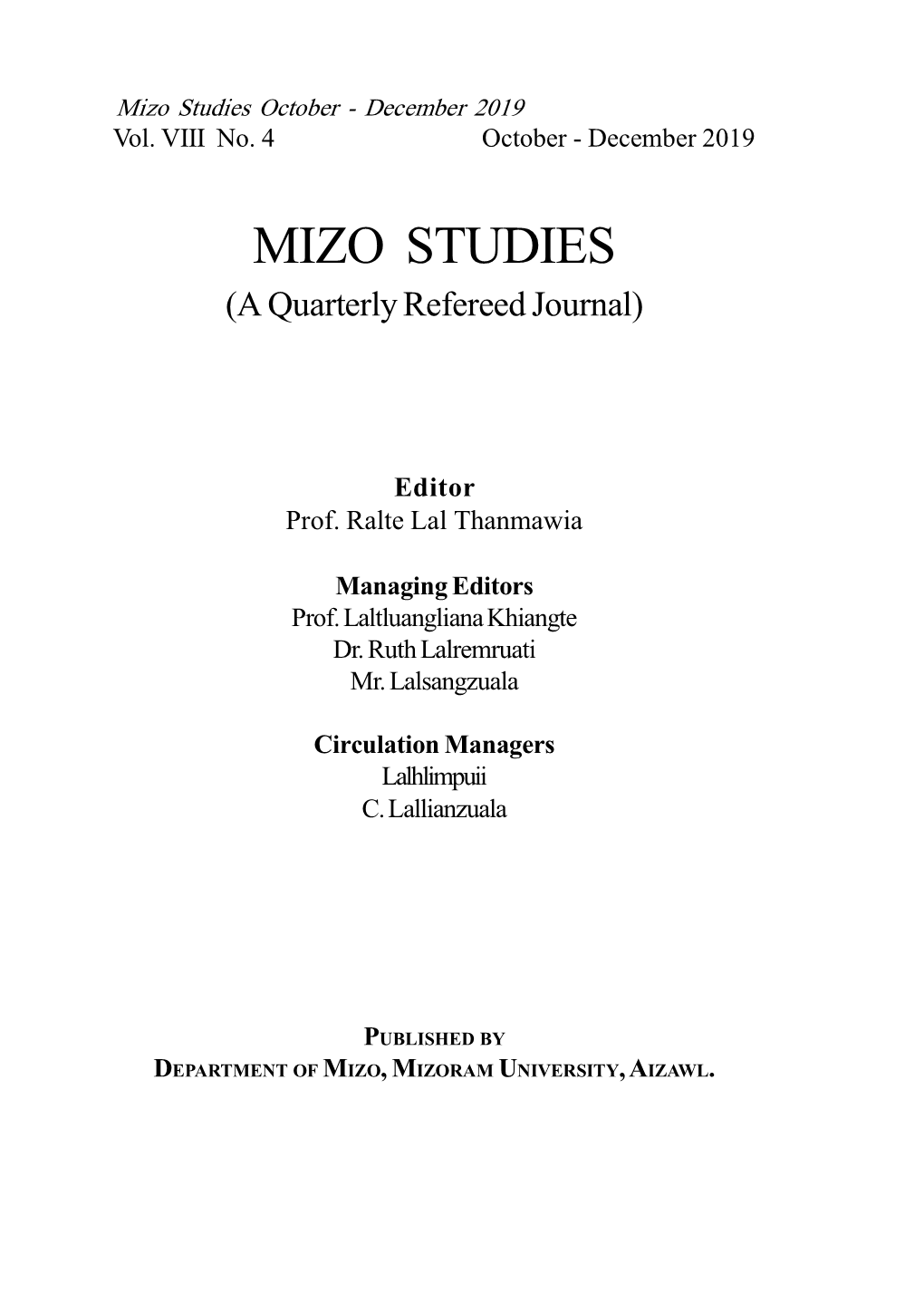 Mizo Studies October - December 2019 Vol