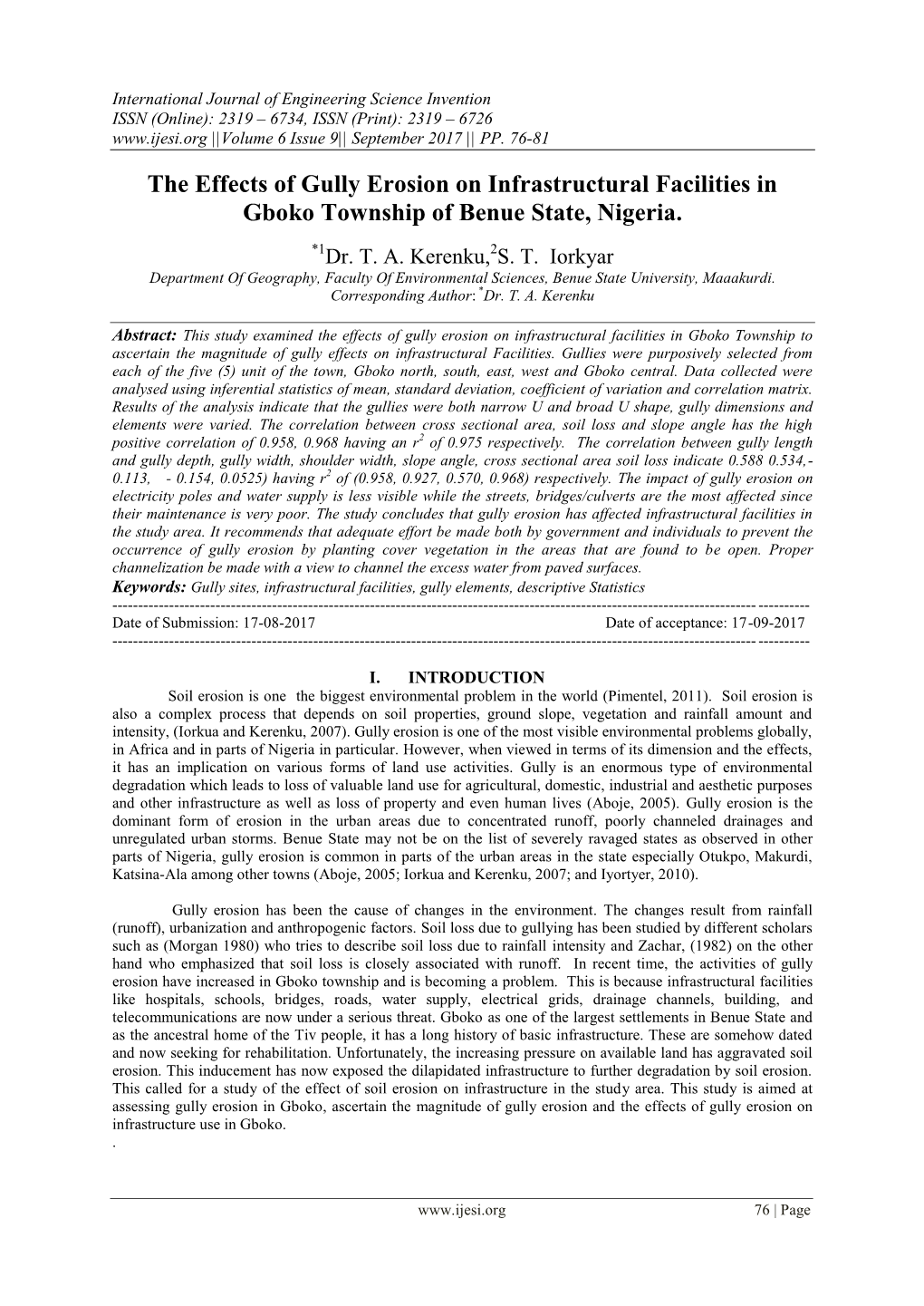 The Effects of Gully Erosion on Infrastructural Facilities in Gboko Township of Benue State, Nigeria