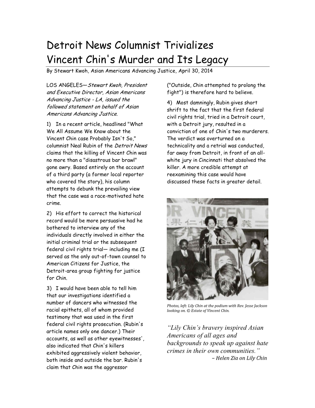 Detroit News Columnist Trivializes Vincent Chin's Murder and Its Legacy by Stewart Kwoh, Asian Americans Advancing Justice, April 30, 2014