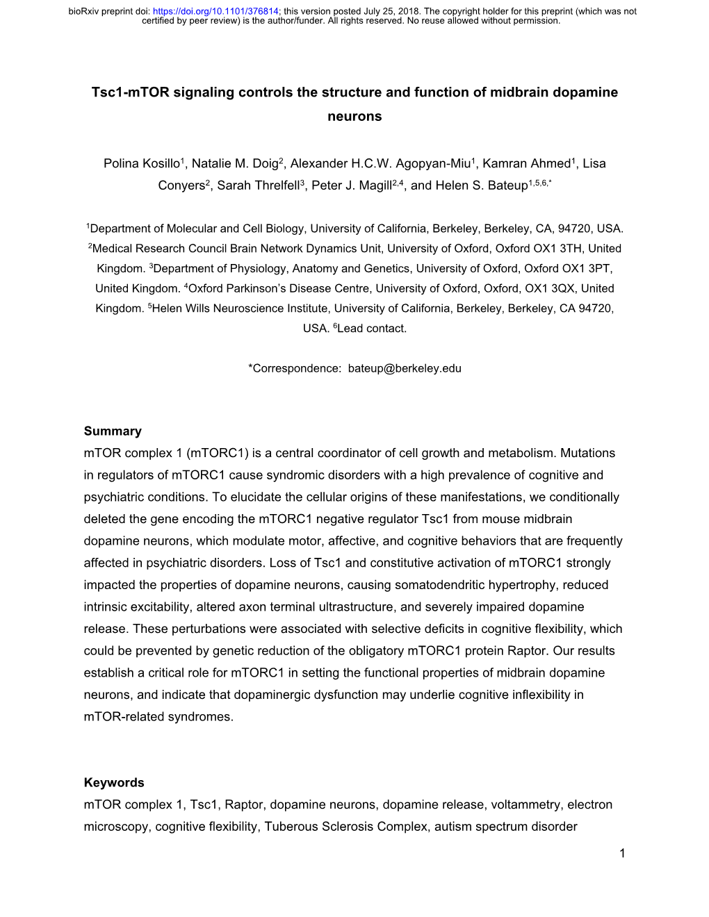 Tsc1-Mtor Signaling Controls the Structure and Function of Midbrain Dopamine Neurons