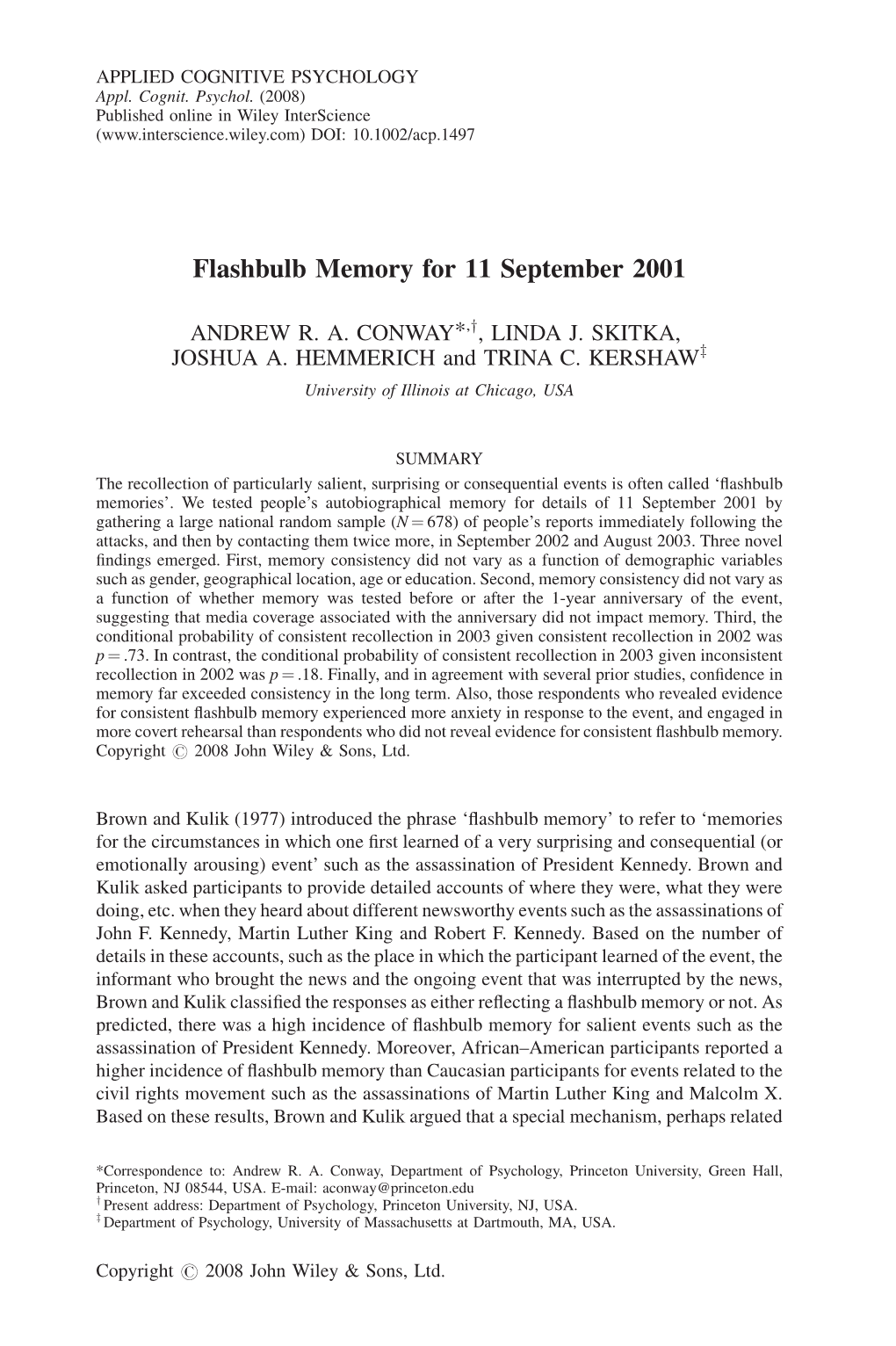 Flashbulb Memory for 11 September 2001