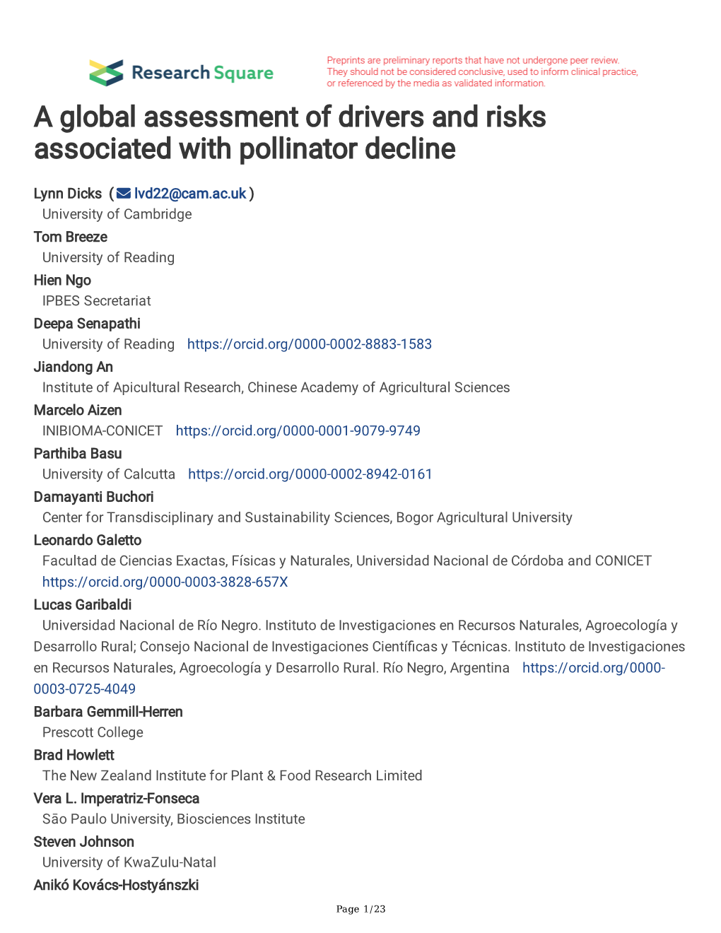 A Global Assessment of Drivers and Risks Associated with Pollinator Decline