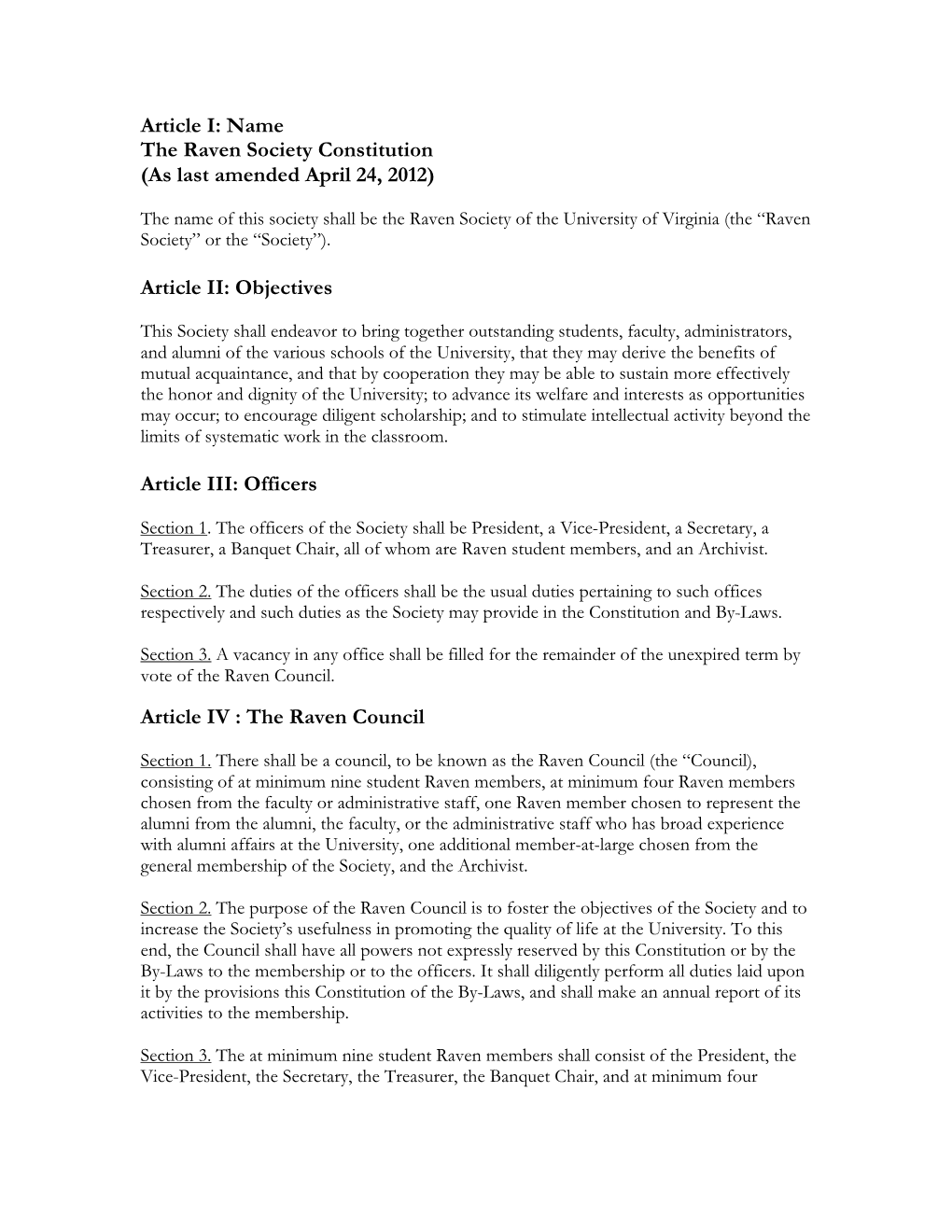 Name the Raven Society Constitution (As Last Amended April 24, 2012)