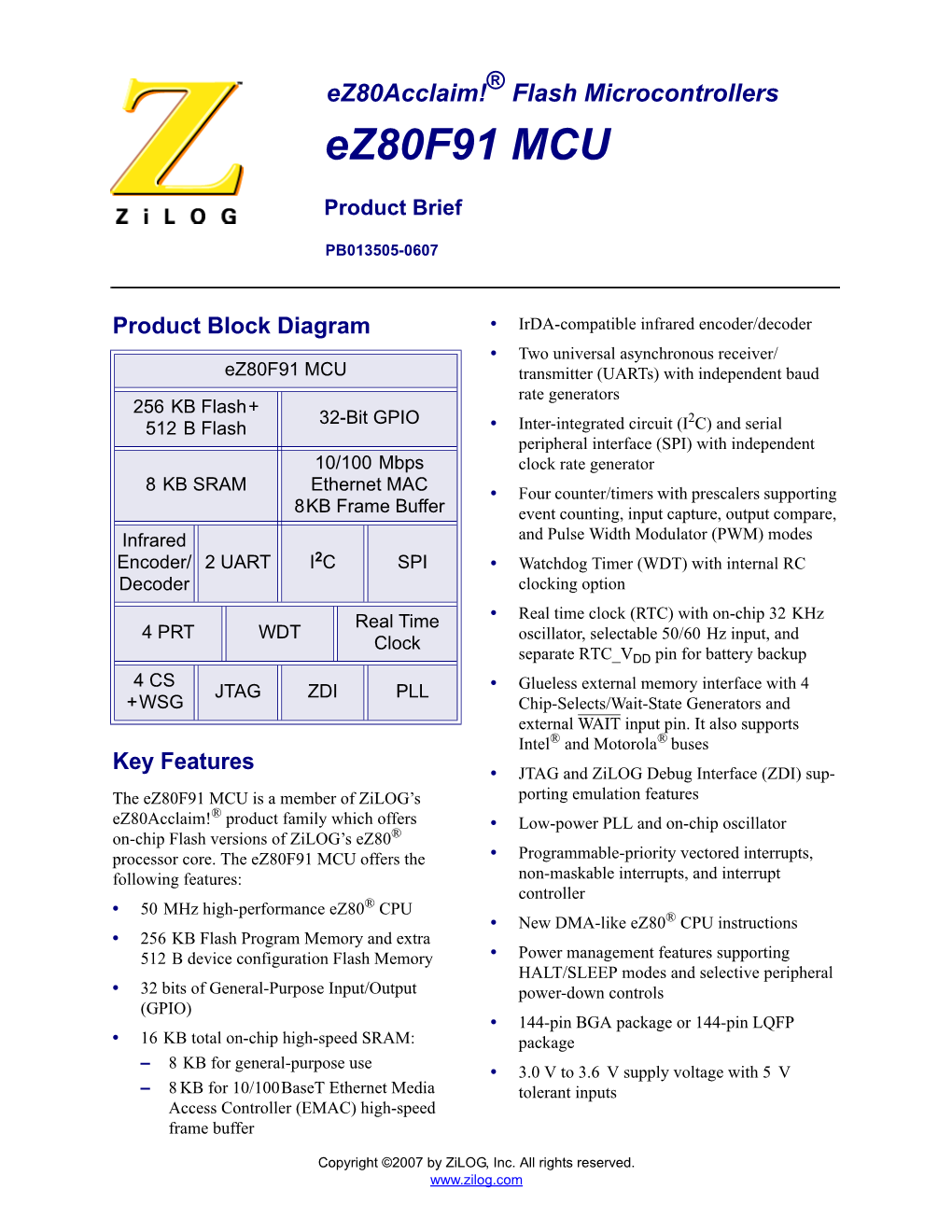 Ez80f91 MCU Product Brief