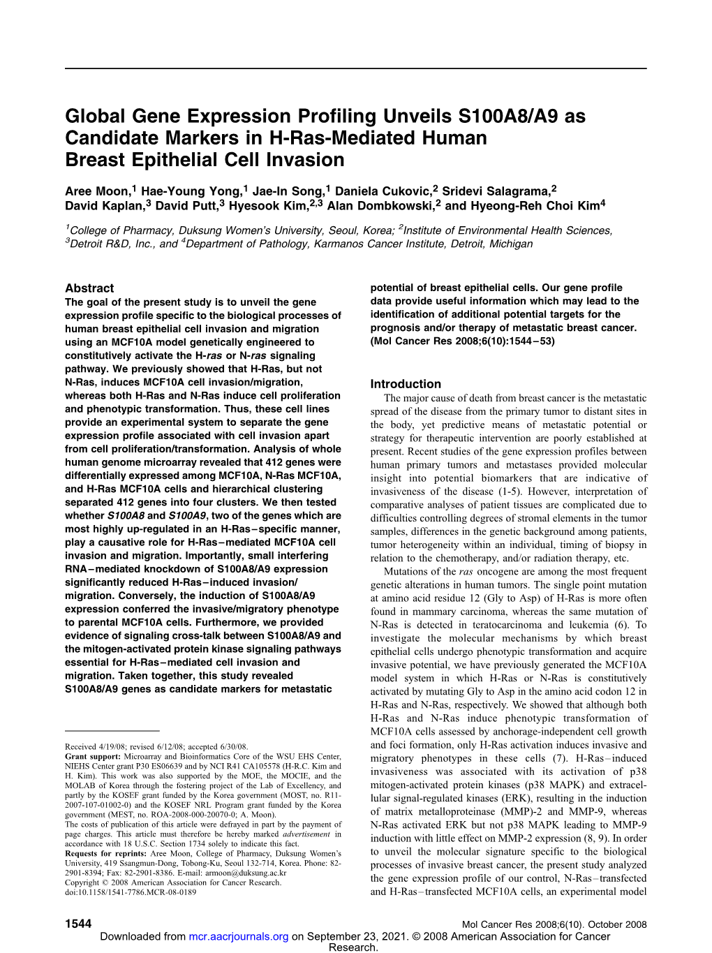 Global Gene Expression Profiling Unveils S100A8/A9 As Candidate Markers in H-Ras-Mediated Human Breast Epithelial Cell Invasion