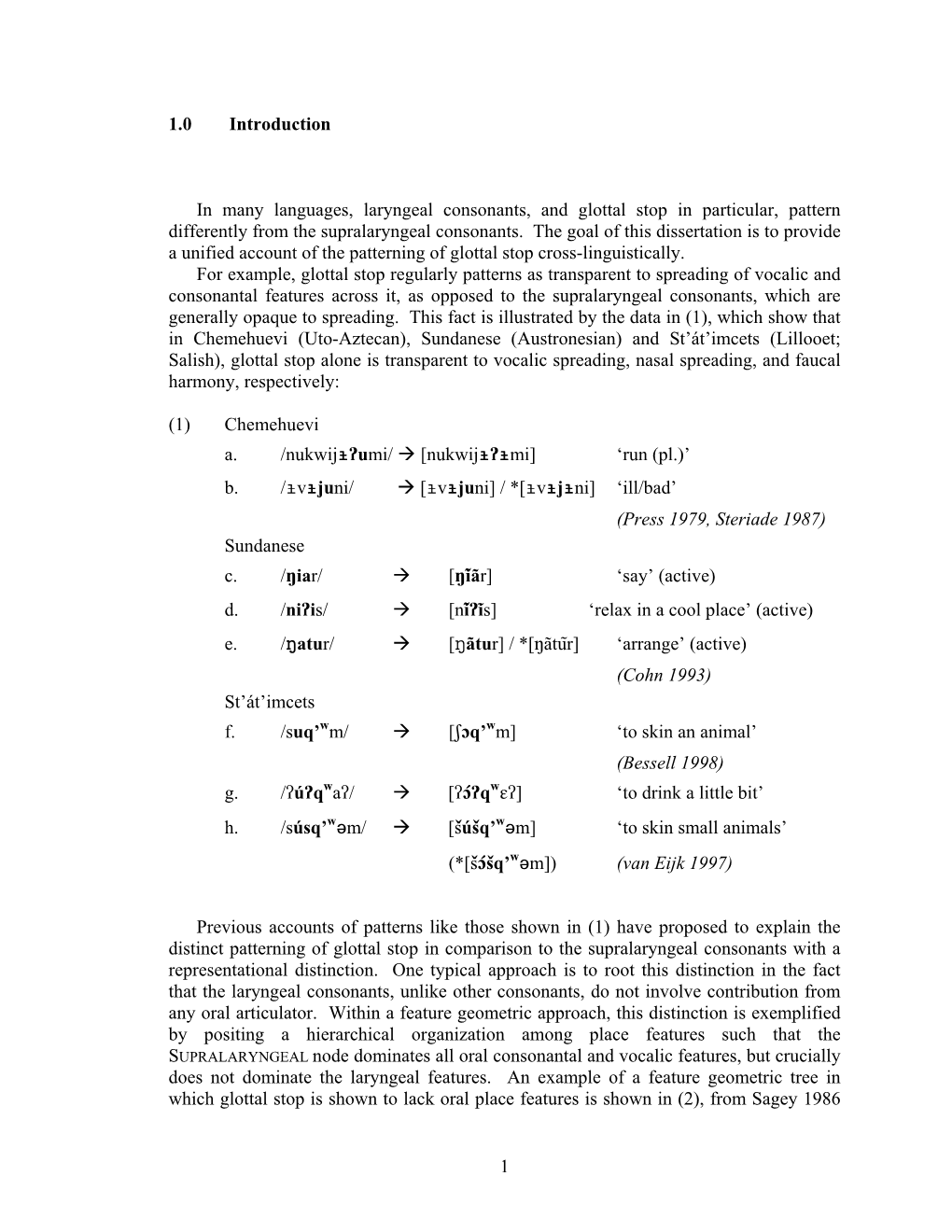 1 1.0 Introduction in Many Languages, Laryngeal Consonants, and Glottal