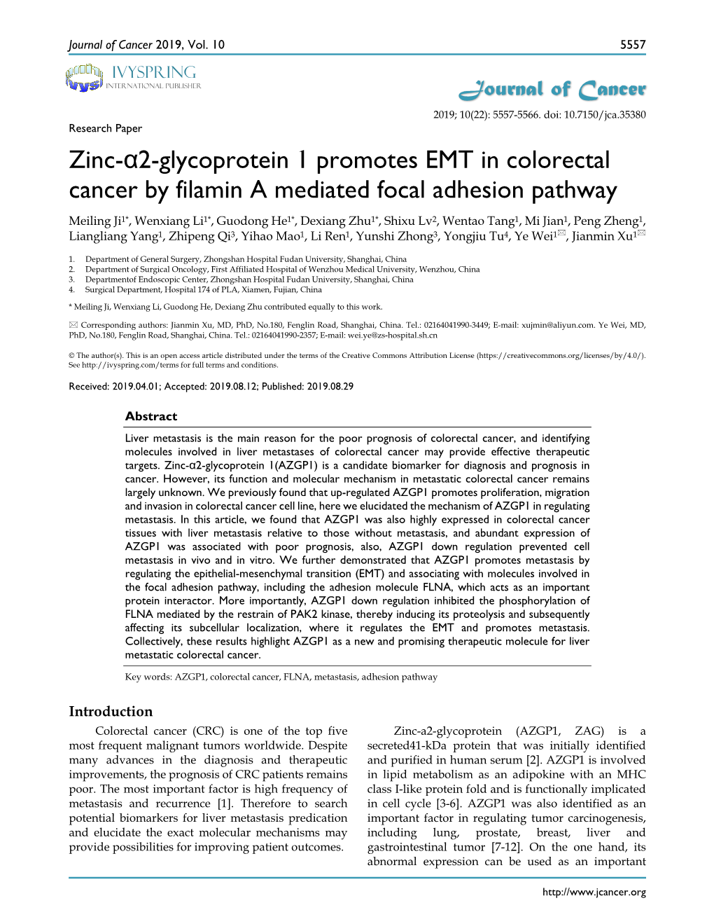 Zinc-Α2-Glycoprotein 1 Promotes EMT in Colorectal Cancer by Filamin A