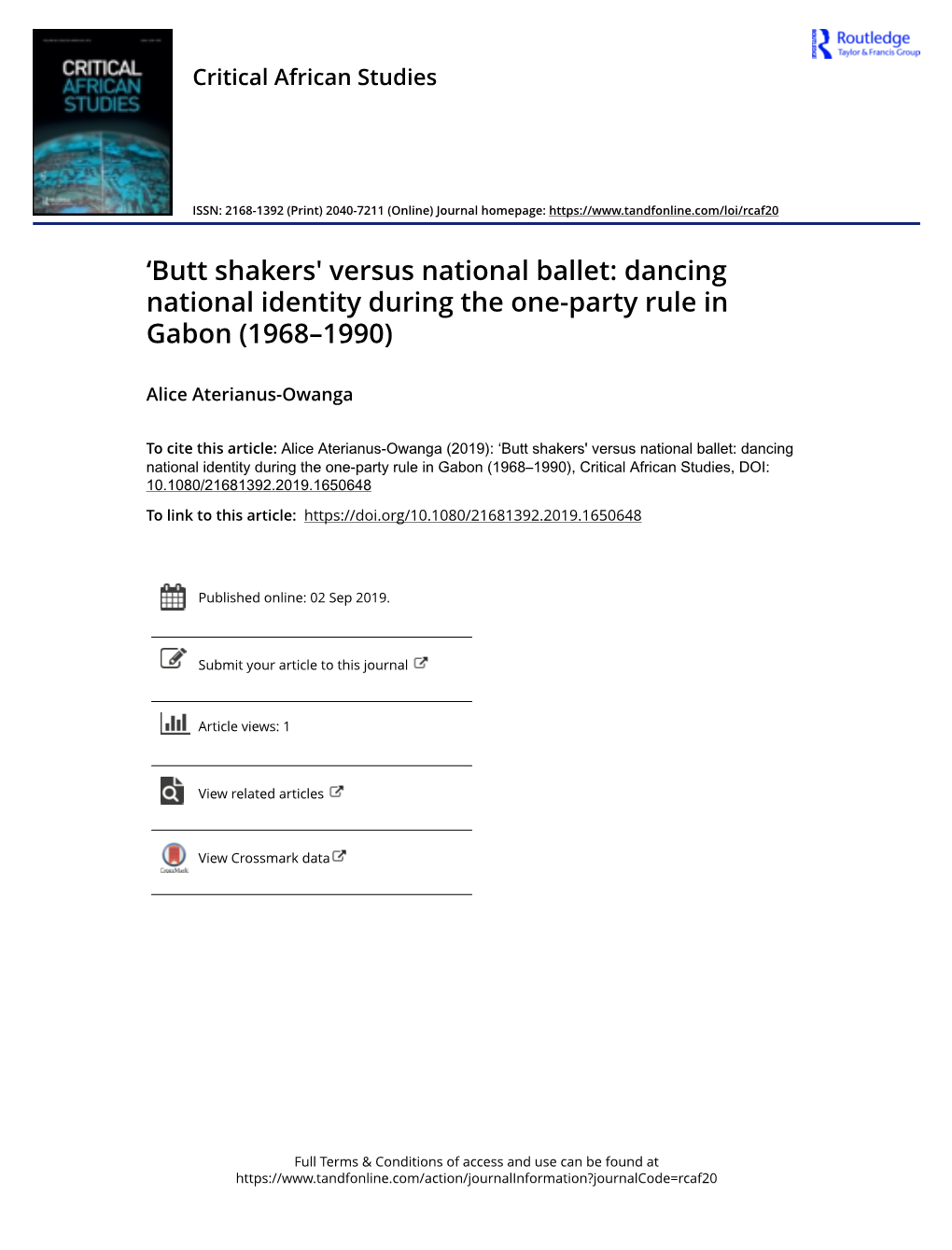 Versus National Ballet: Dancing National Identity During the One-Party Rule in Gabon (1968–1990)