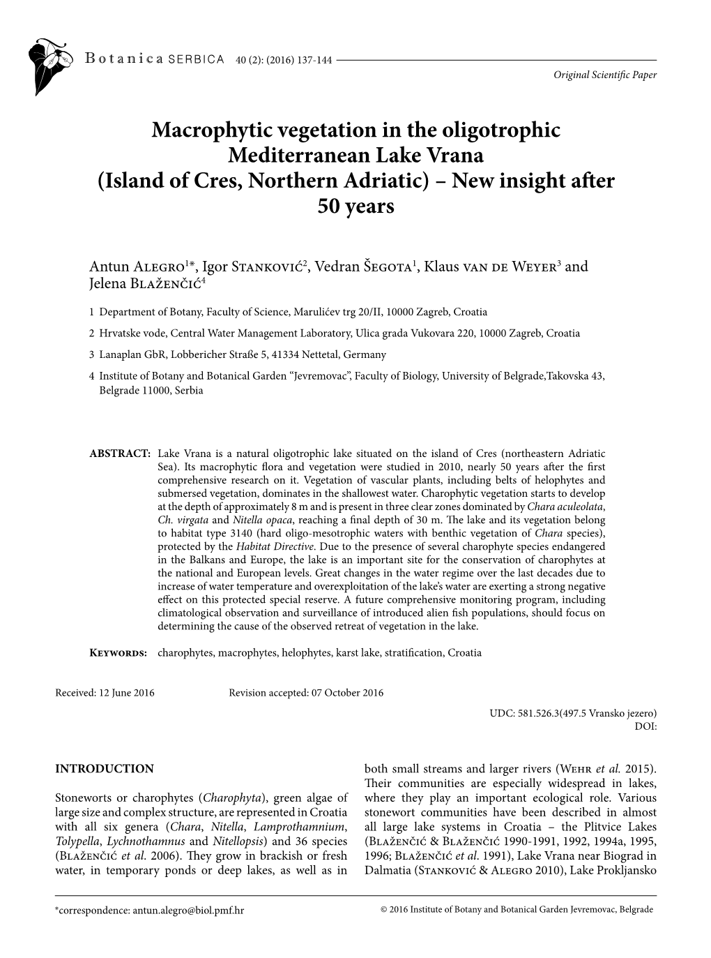 Macrophytic Vegetation in the Oligotrophic Mediterranean Lake Vrana (Island of Cres, Northern Adriatic) – New Insight After 50 Years