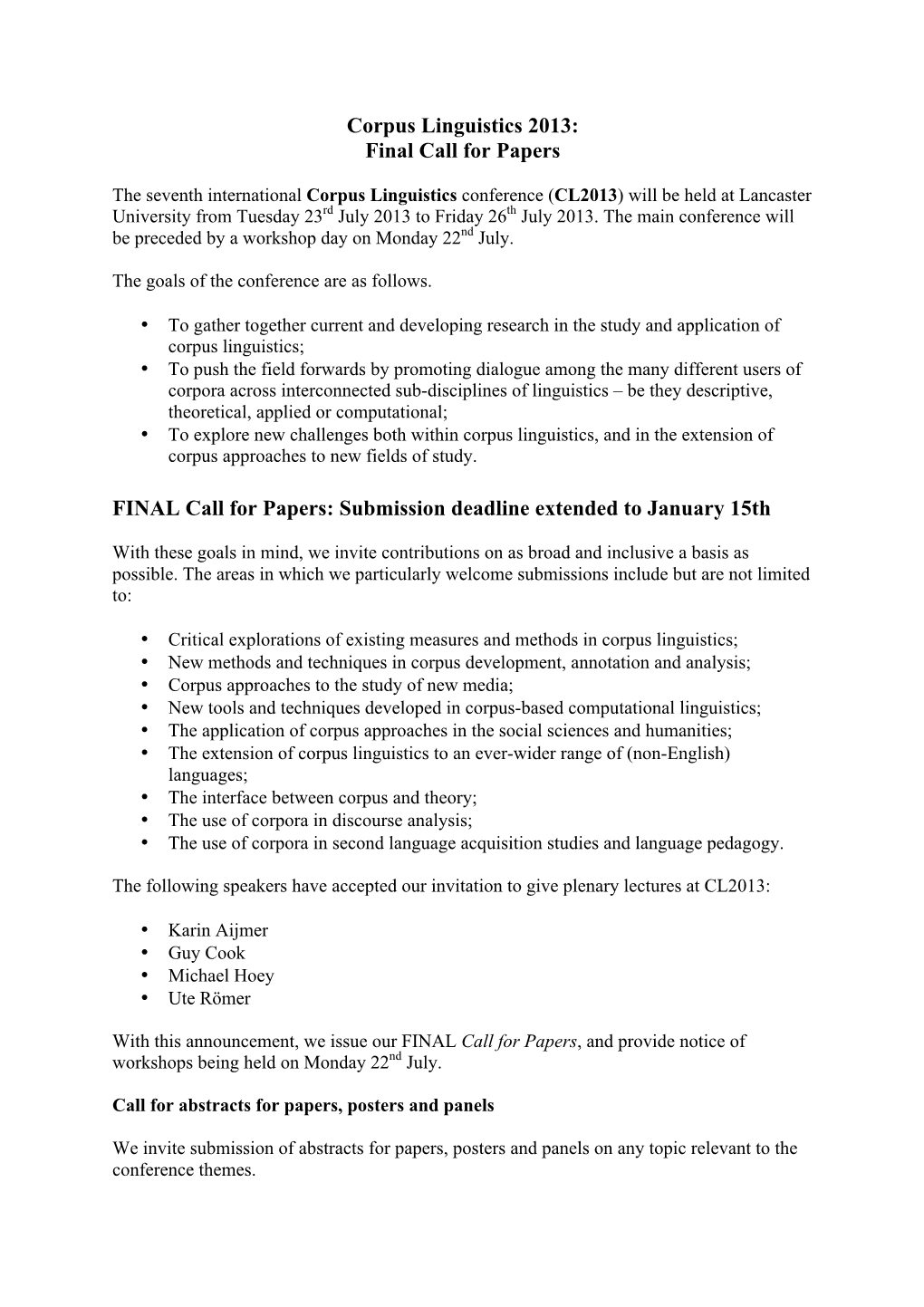 Corpus Linguistics 2013: Final Call for Papers FINAL Call for Papers