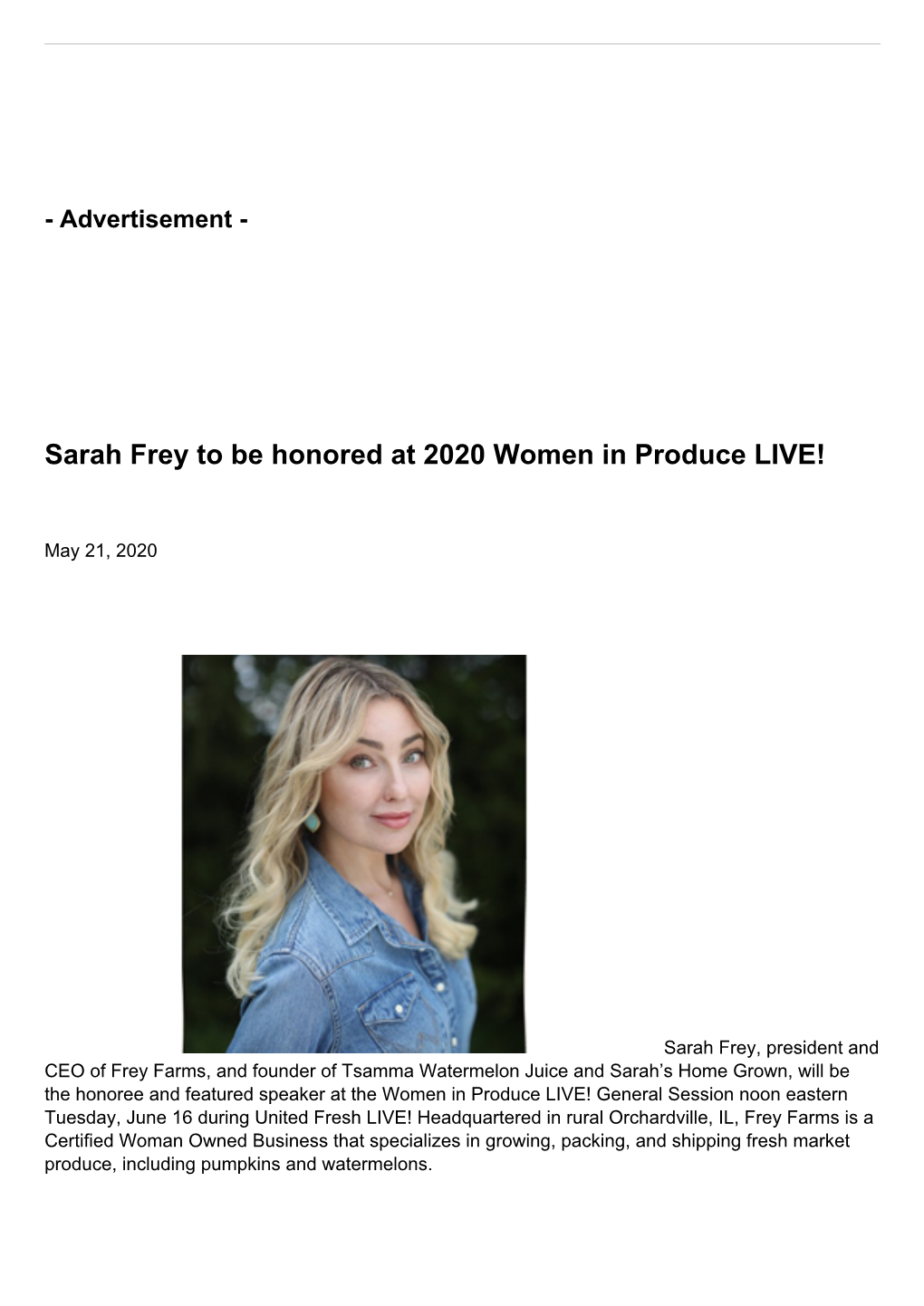 Sarah Frey to Be Honored at 2020 Women in Produce LIVE!