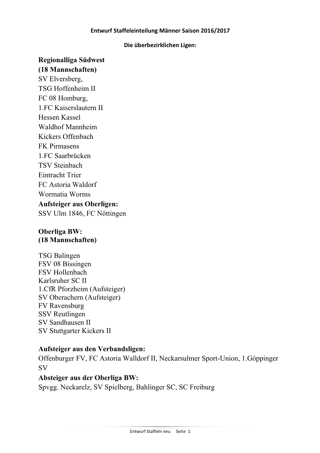 Regionalliga Südwest (18 Mannschaften) SV Elversberg, TSG