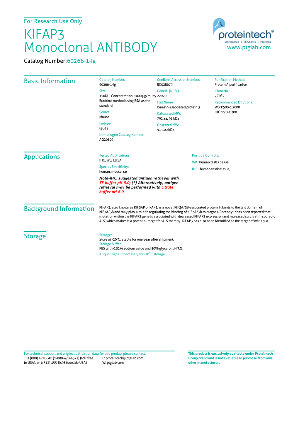 KIFAP3 Monoclonal ANTIBODY Catalog Number:60266-1-Ig