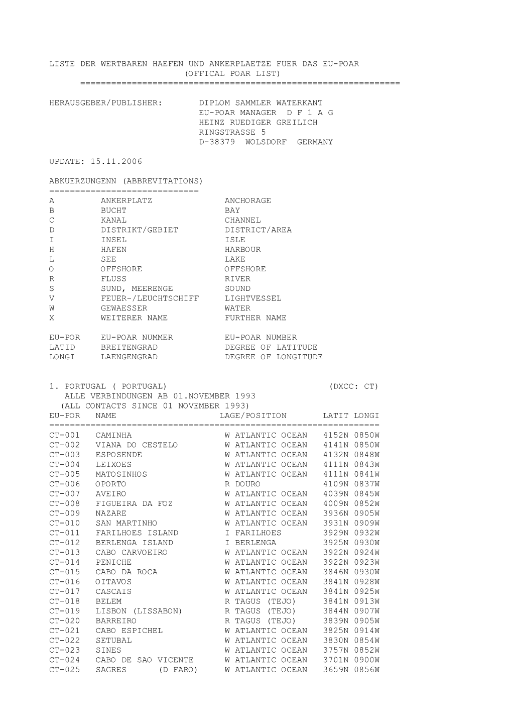 Liste Der Wertbaren Haefen Und Ankerplaetze Fuer Das Eu-Poar (Offical Poar List) ======