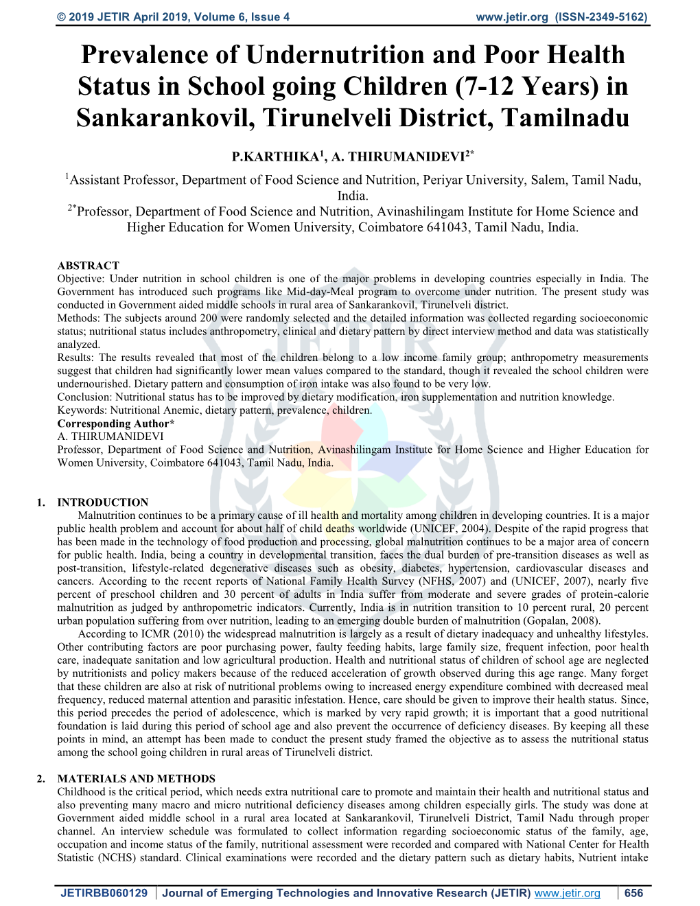 Prevalence of Undernutrition and Poor Health Status in School Going Children (7-12 Years) in Sankarankovil, Tirunelveli District, Tamilnadu