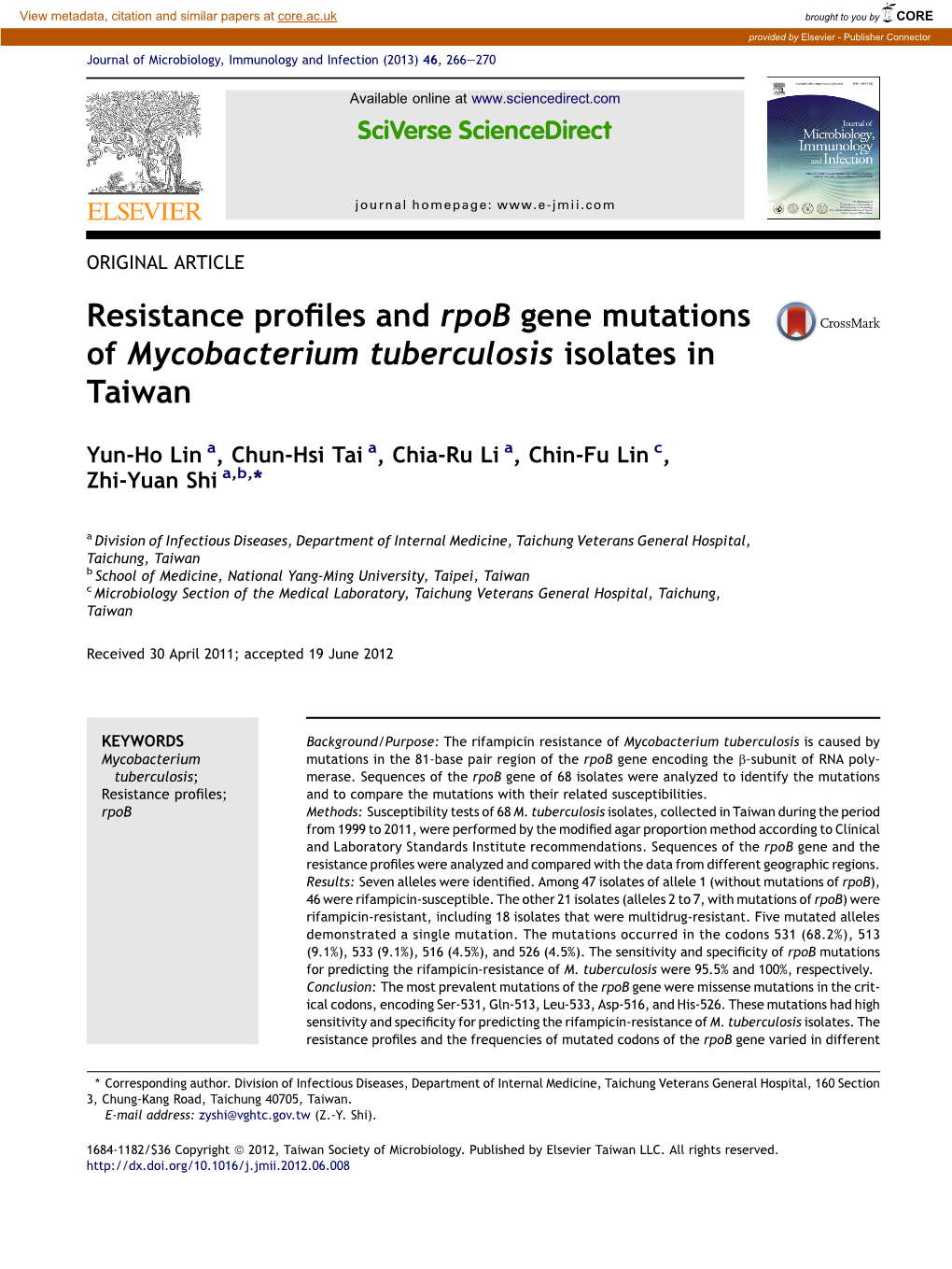 Resistance Profiles and Rpob Gene Mutations of Mycobacterium