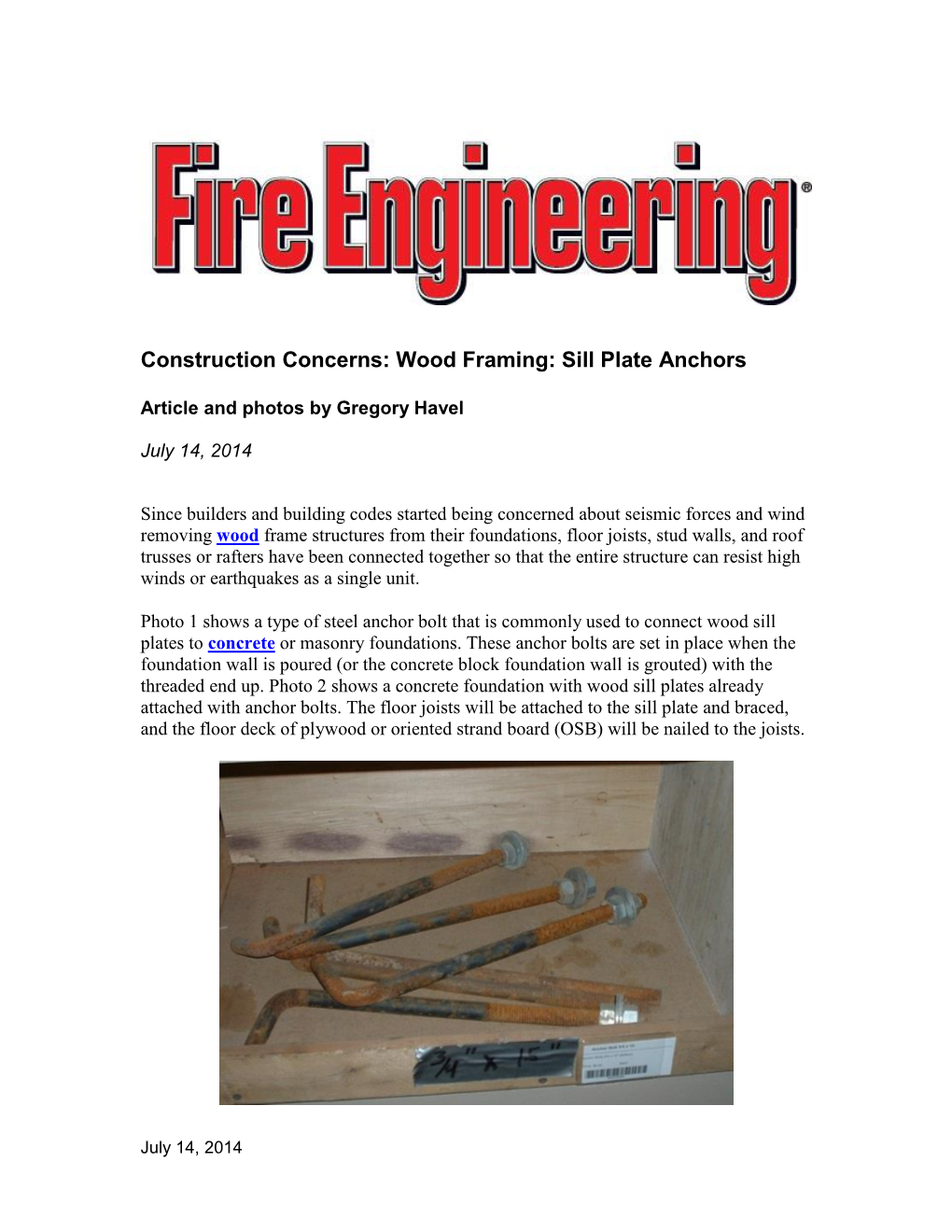 Construction Concerns: Wood Framing: Sill Plate Anchors