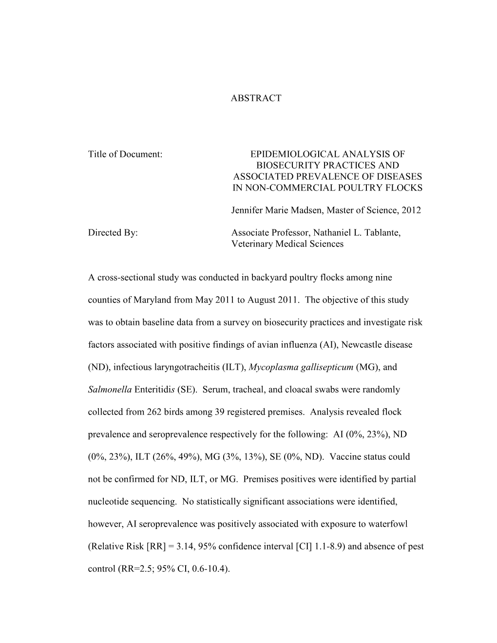 Epidemiological Analysis of Biosecurity Practices and Associated Prevalence of Diseases in Non-Commercial Poultry Flocks