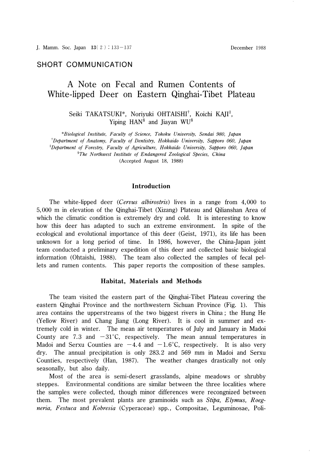 A Note on Fecal and Rumen Contents of White-Tipped Deer on Eastern Qinghai-Tibet Plateau