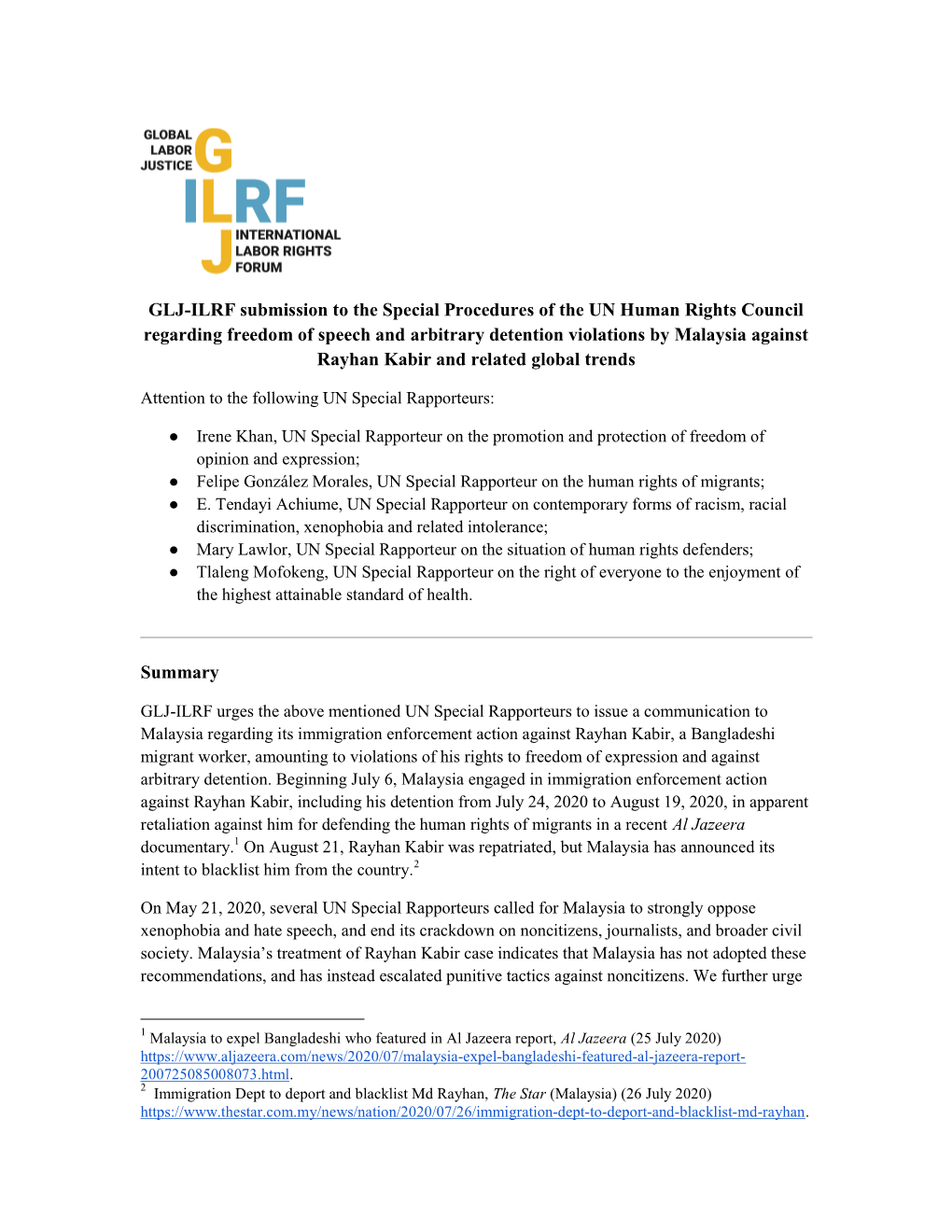 GLJ-ILRF Submission to the Special Procedures of the UN Human