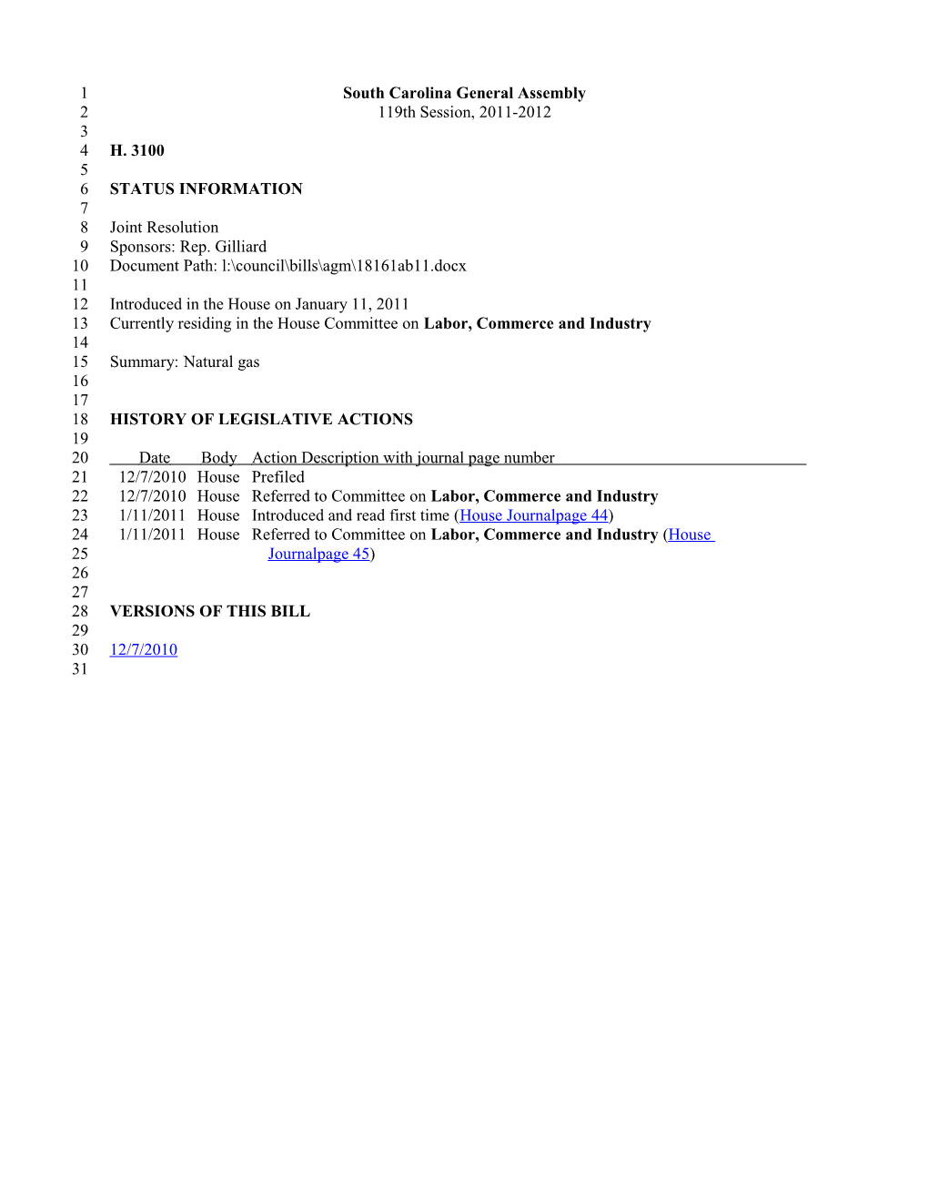 2011-2012 Bill 3100: Natural Gas - South Carolina Legislature Online