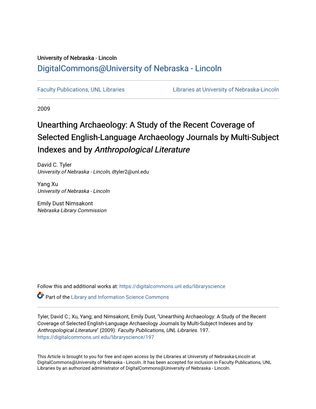 Unearthing Archaeology: a Study of the Recent Coverage of Selected English-Language Archaeology Journals by Multi-Subject Indexes and by Anthropological Literature