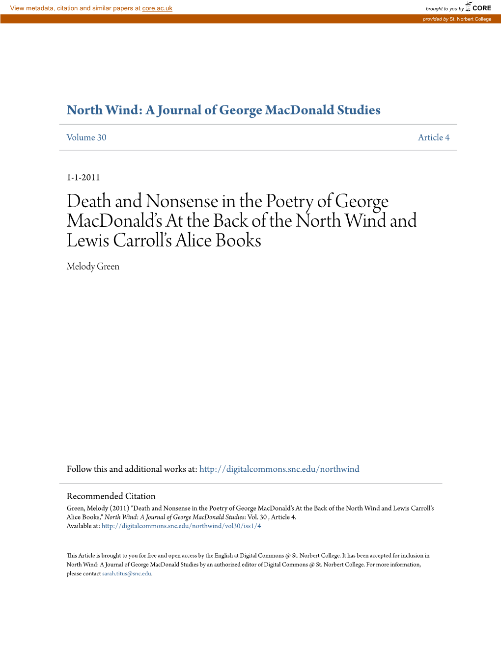 Death and Nonsense in the Poetry of George Macdonald's at the Back of the North Wind