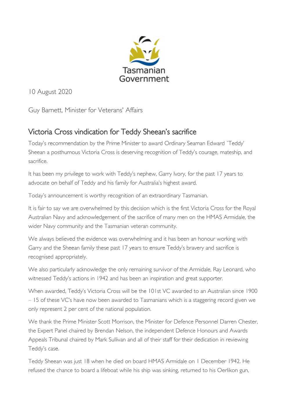 Victoria Cross Vindication for Teddy Sheean's Sacrifice