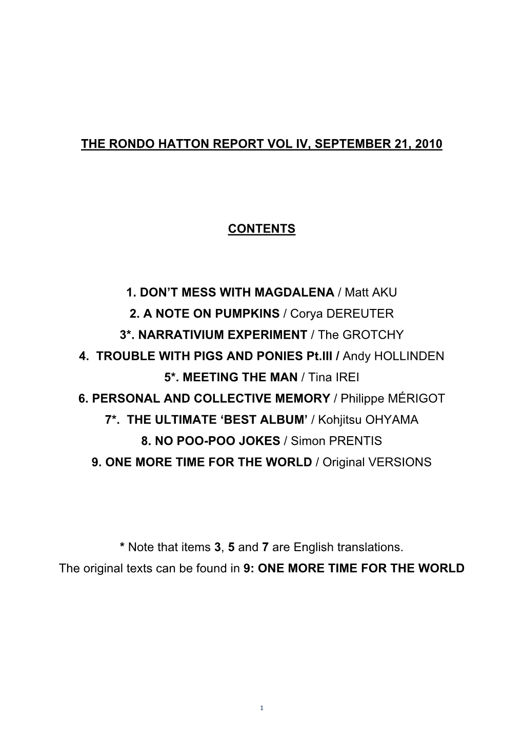 The Rondo Hatton Report Vol Iv, September 21, 2010
