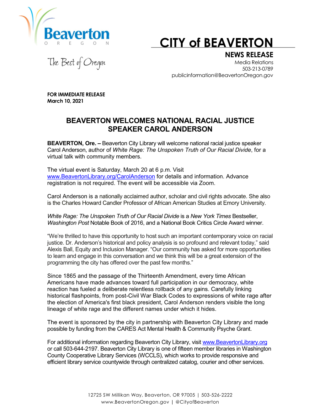 Beaverton Welcomes National Racial Justic Speaker Carol Anderson