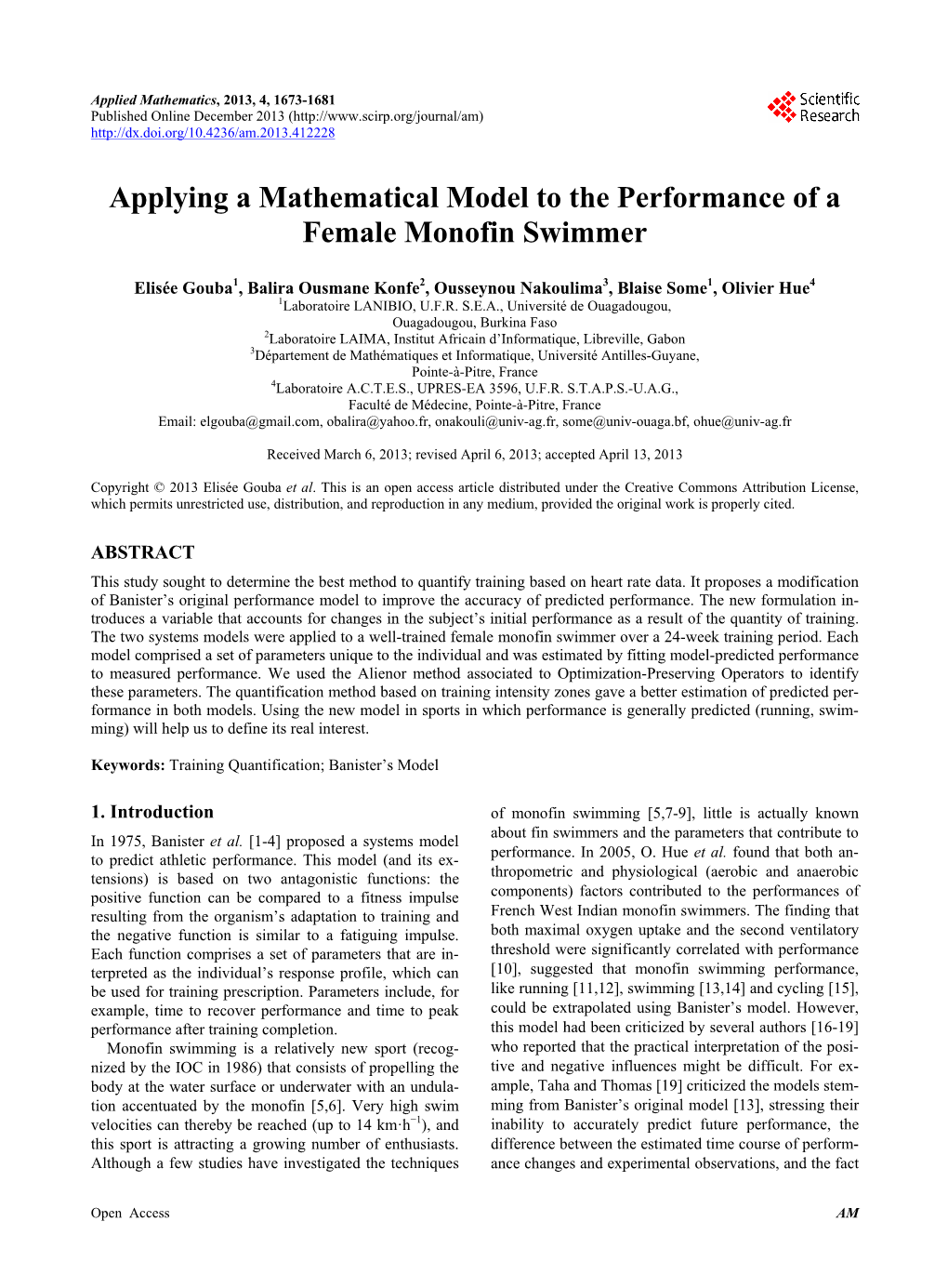 Applying a Mathematical Model to the Performance of a Female Monofin Swimmer