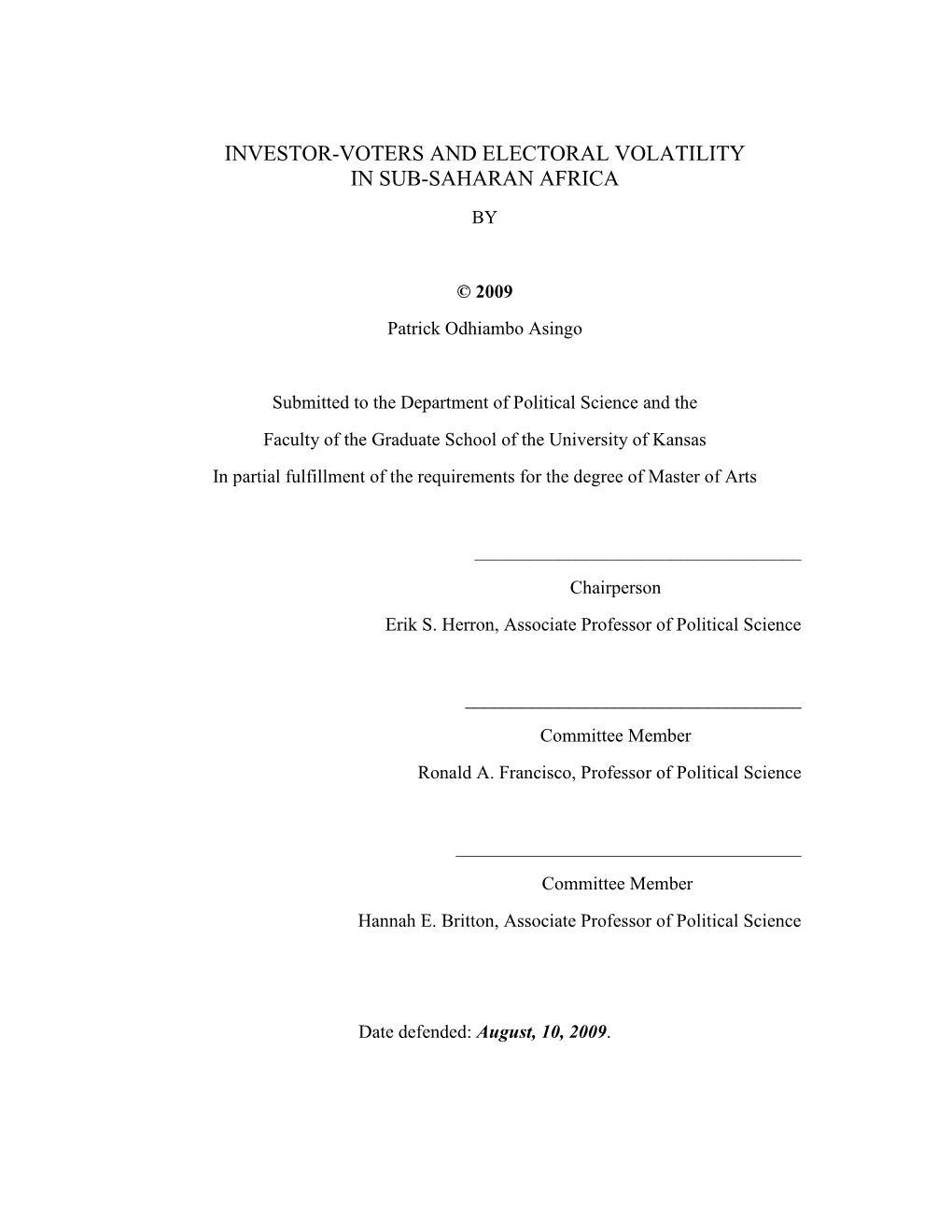 Investor-Voters and Electoral Volatility in Sub-Saharan Africa By