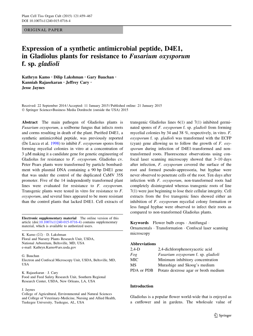 Expression of a Synthetic Antimicrobial Peptide, D4E1, in Gladiolus Plants for Resistance to Fusarium Oxysporum F. Sp. Gladioli