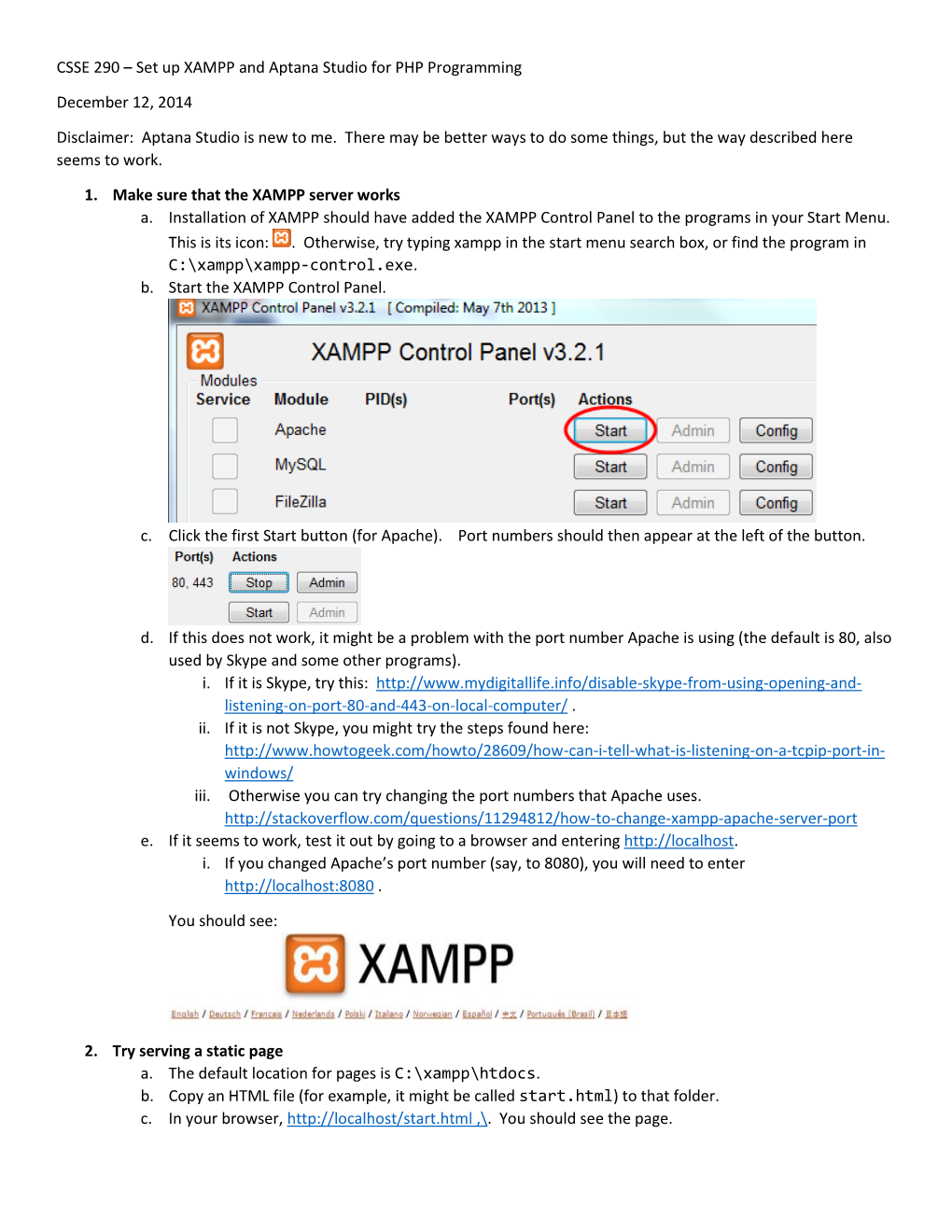 CSSE 290 – Set up XAMPP and Aptana Studio for PHP Programming