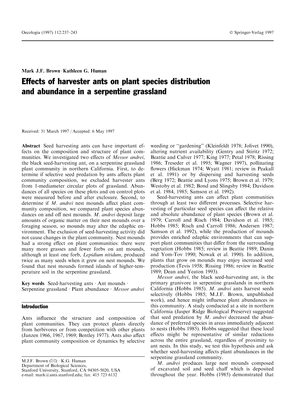 Effects of Harvester Ants on Plant Species Distribution and Abundance in a Serpentine Grassland