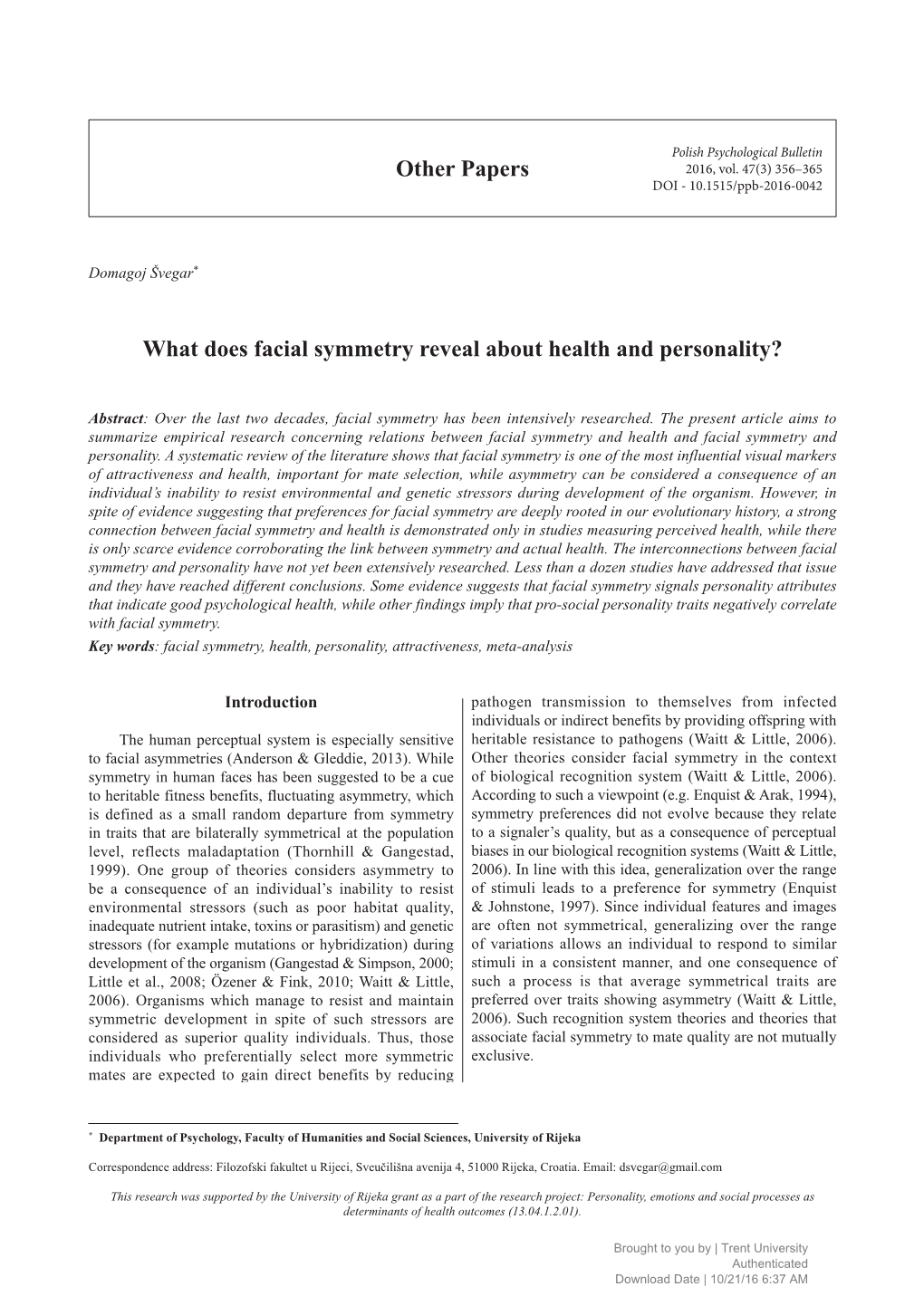 Other Papers What Does Facial Symmetry Reveal