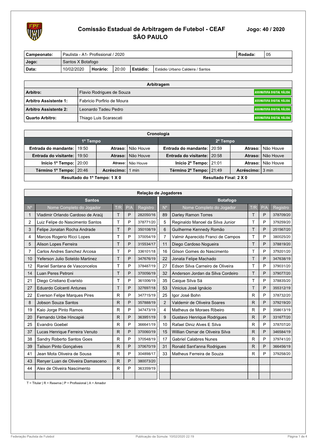 Comissão Estadual De Arbitragem De Futebol - CEAF Jogo: 40 / 2020 SÃO PAULO