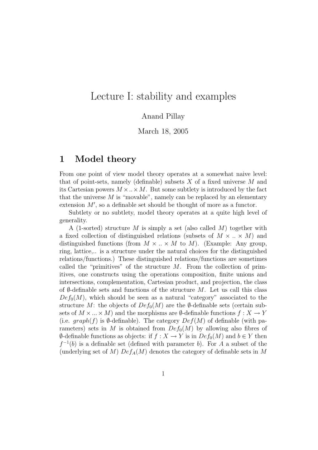 Lecture I: Stability and Examples