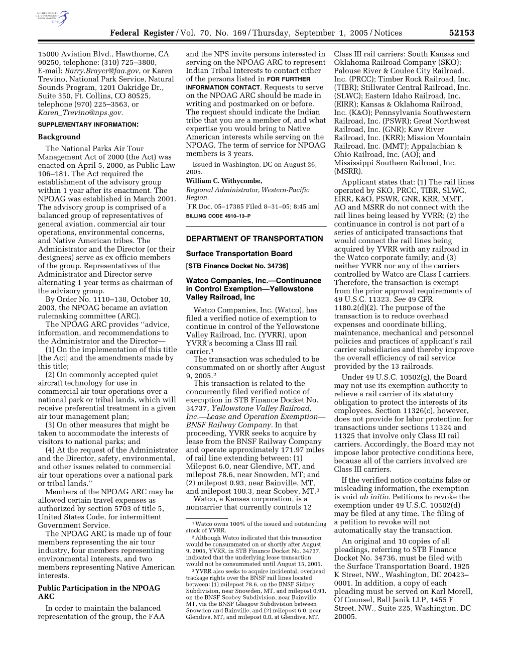 Federal Register/Vol. 70, No. 169/Thursday, September 1, 2005