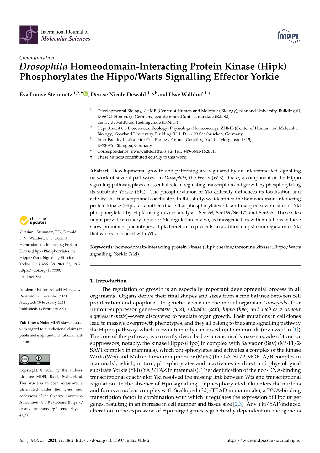 Drosophila Homeodomain-Interacting Protein Kinase (Hipk) Phosphorylates the Hippo/Warts Signalling Effector Yorkie