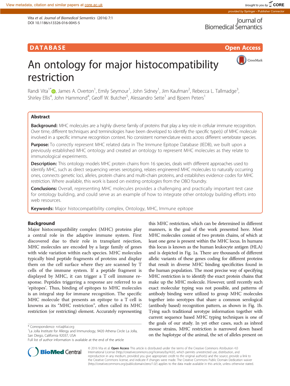 An Ontology for Major Histocompatibility Restriction Randi Vita1* , James A