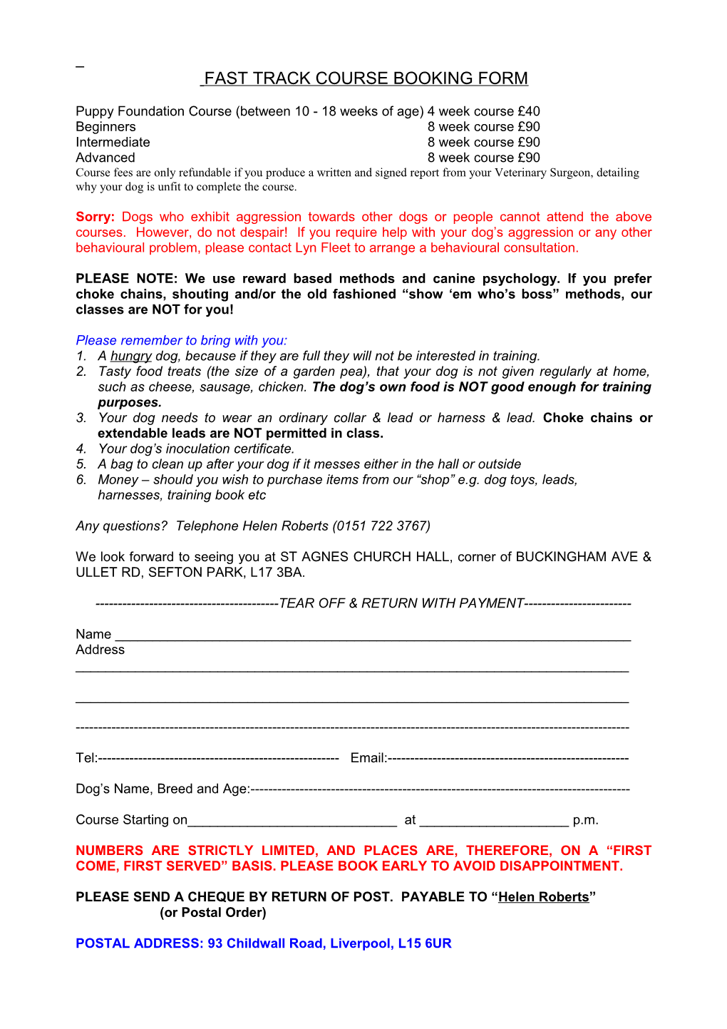 Fast Track Course Registration Form