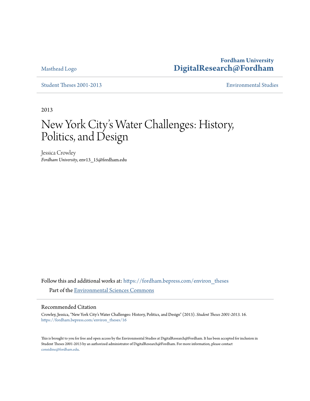 New York City's Water Challenges: History, Politics, and Design