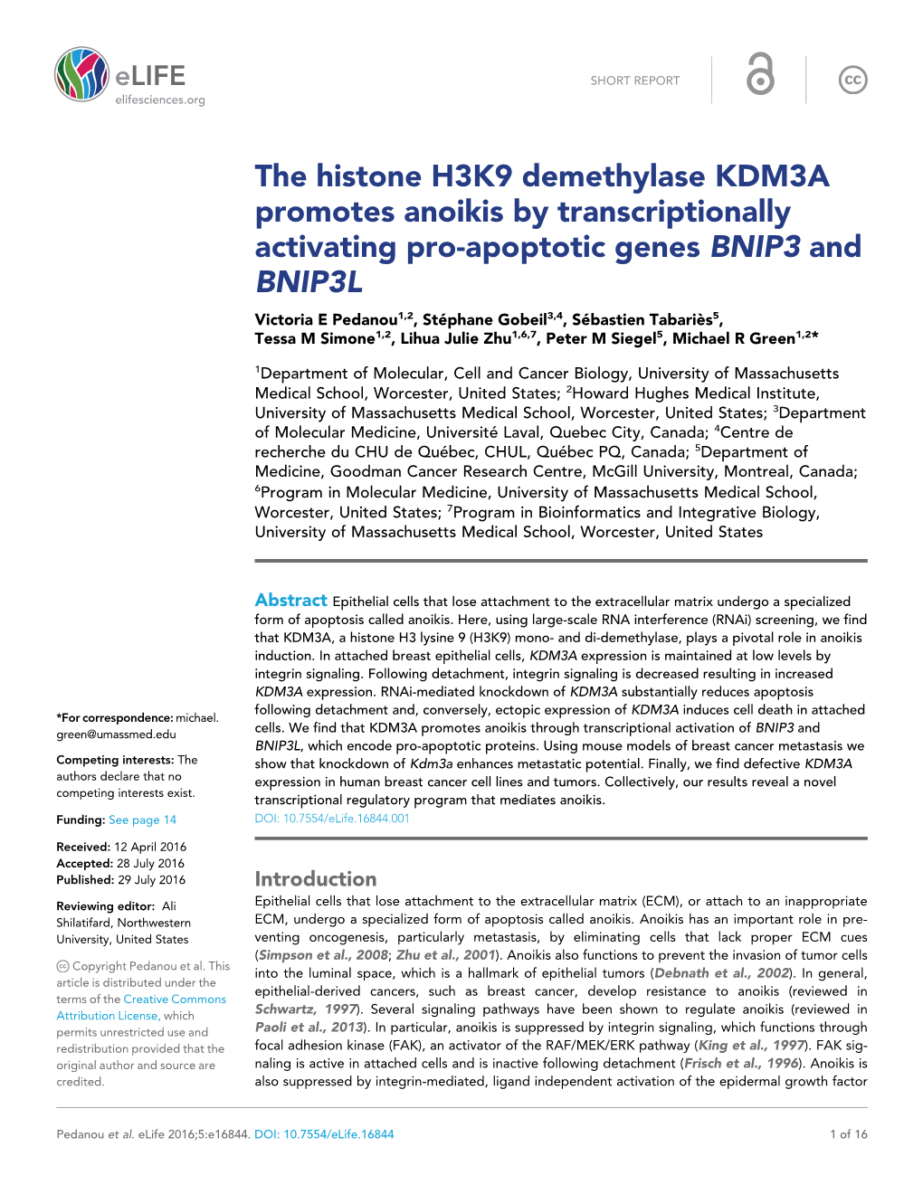 The Histone H3K9 Demethylase KDM3A Promotes Anoikis