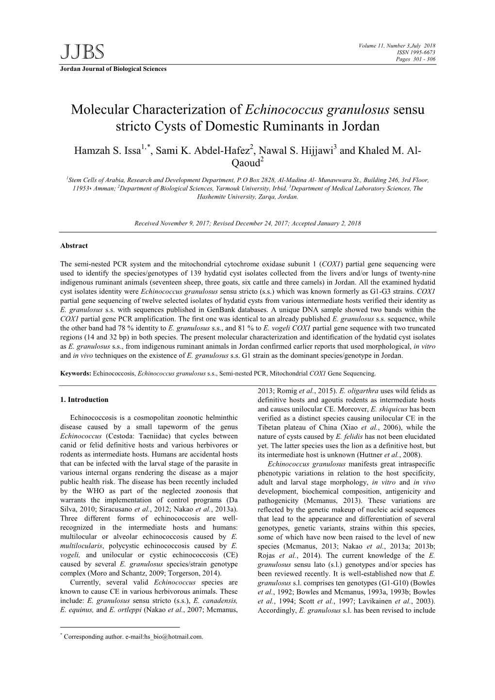 Molecular Characterization of Echinococcus Granulosus Sensu Stricto Cysts of Domestic Ruminants in Jordan