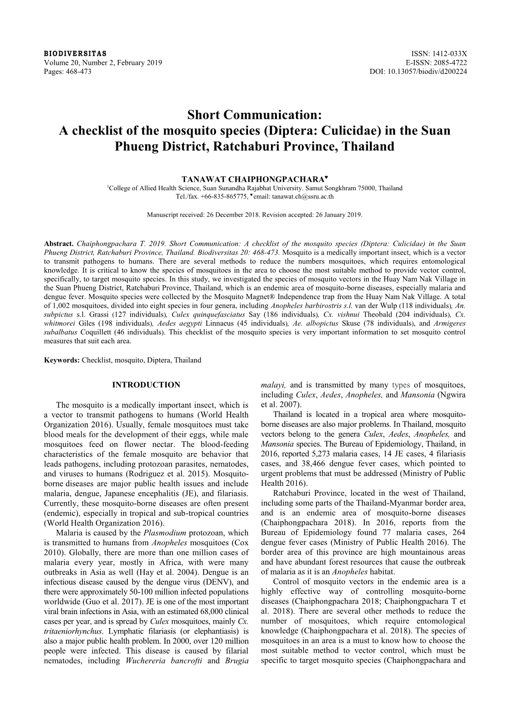 A Checklist of the Mosquito Species (Diptera: Culicidae) in the Suan Phueng District, Ratchaburi Province, Thailand