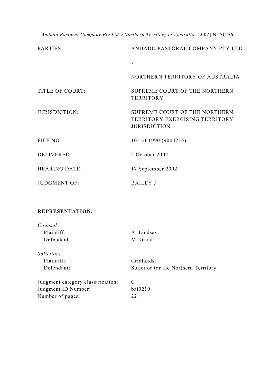 Andado Pastoral Company Pty Ltd V Northern Territory of Australia [2002] NTSC 56