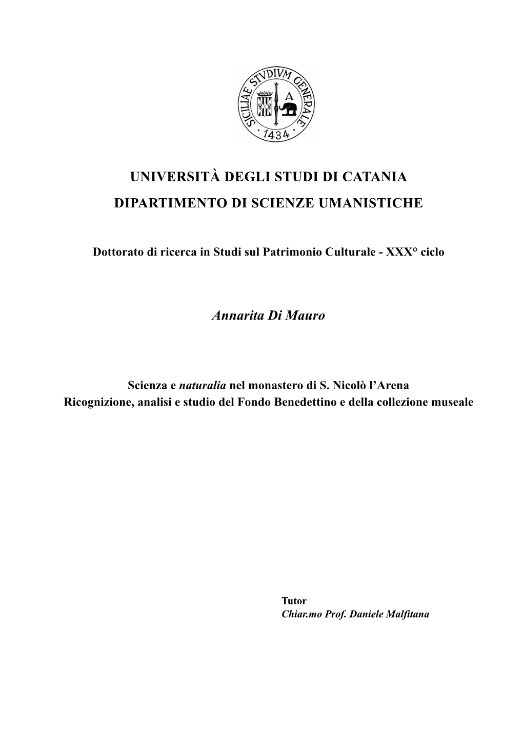 Università Degli Studi Di Catania Dipartimento Di Scienze Umanistiche