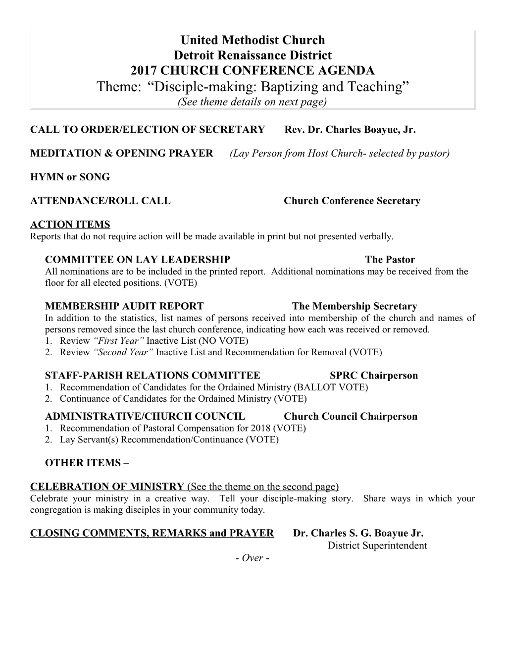 2003 Church Conference Agenda